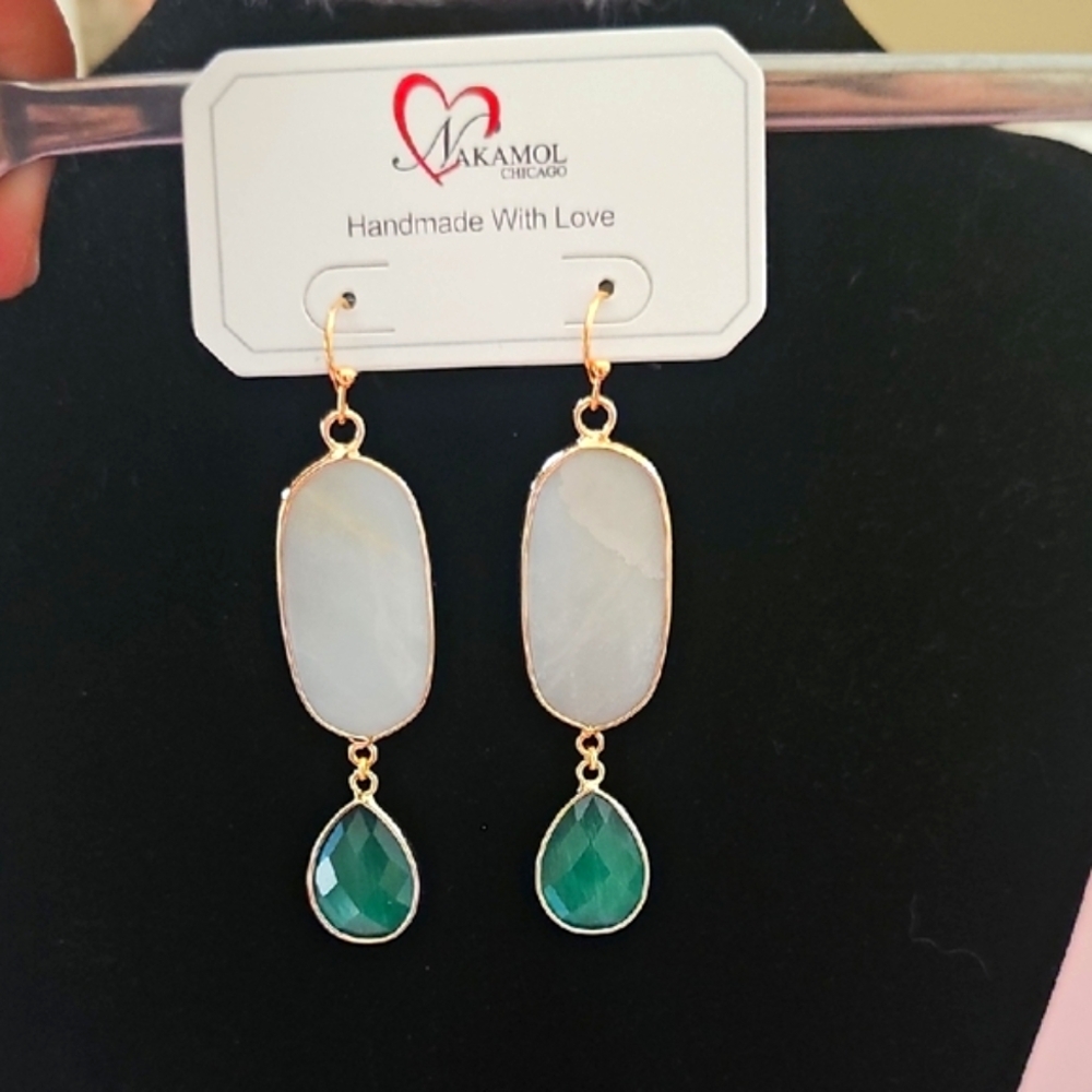 Gold and Green Drop Earrings